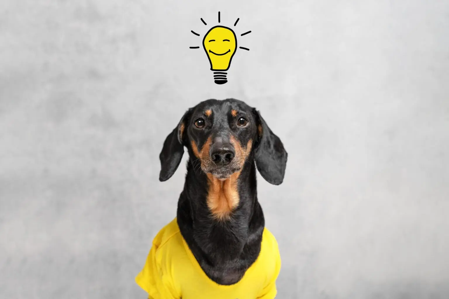 Smart and clever dog dachshundwith a light bulb with a smile, over your head. having an idea.